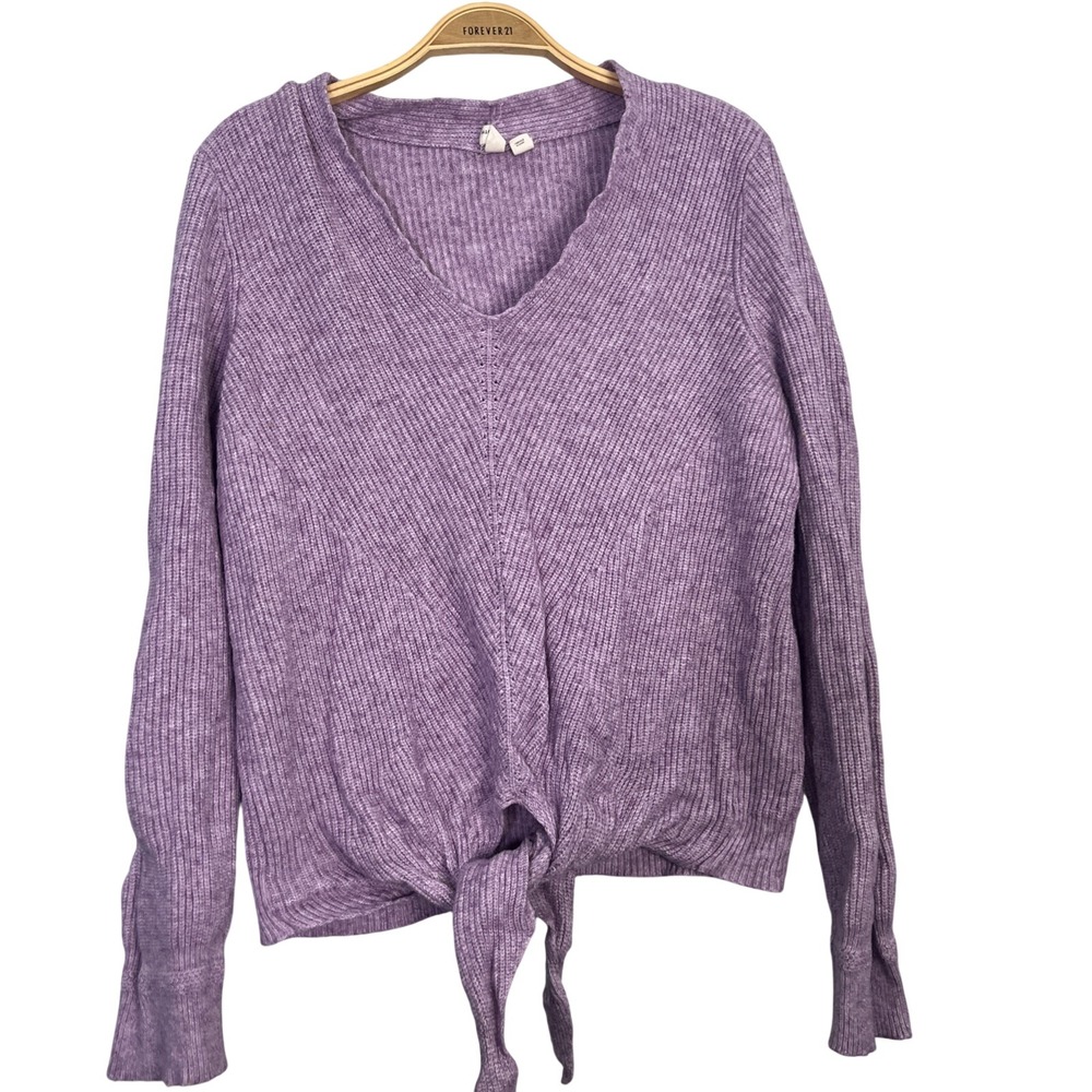 Moth Anthropologie Sweater Womens Small Lavender V-Neck Tie Front Ribbed Cozy